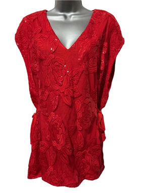 Eva Franco for Anthropologie Red Floral Sequins with ties on side Top in size 6